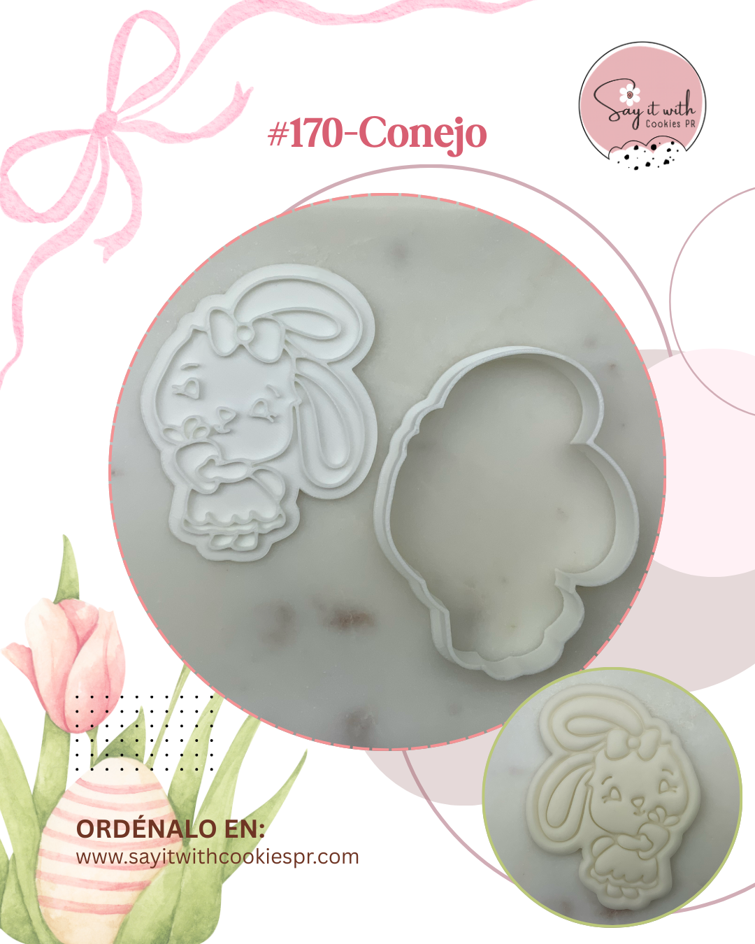 Cookie cutter and stamp with rabbit design with ribbon and carrot.