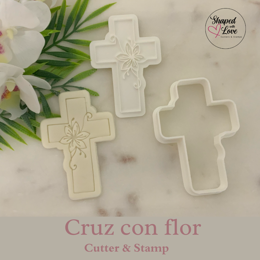 Cruz con Flor Cookie Cutter Stamp