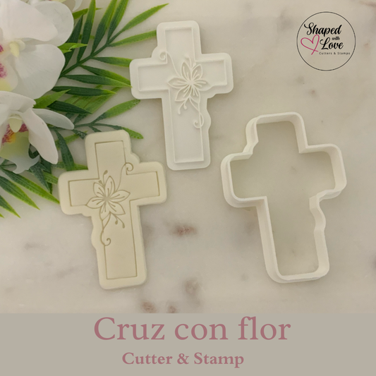 Cruz con Flor Cookie Cutter Stamp
